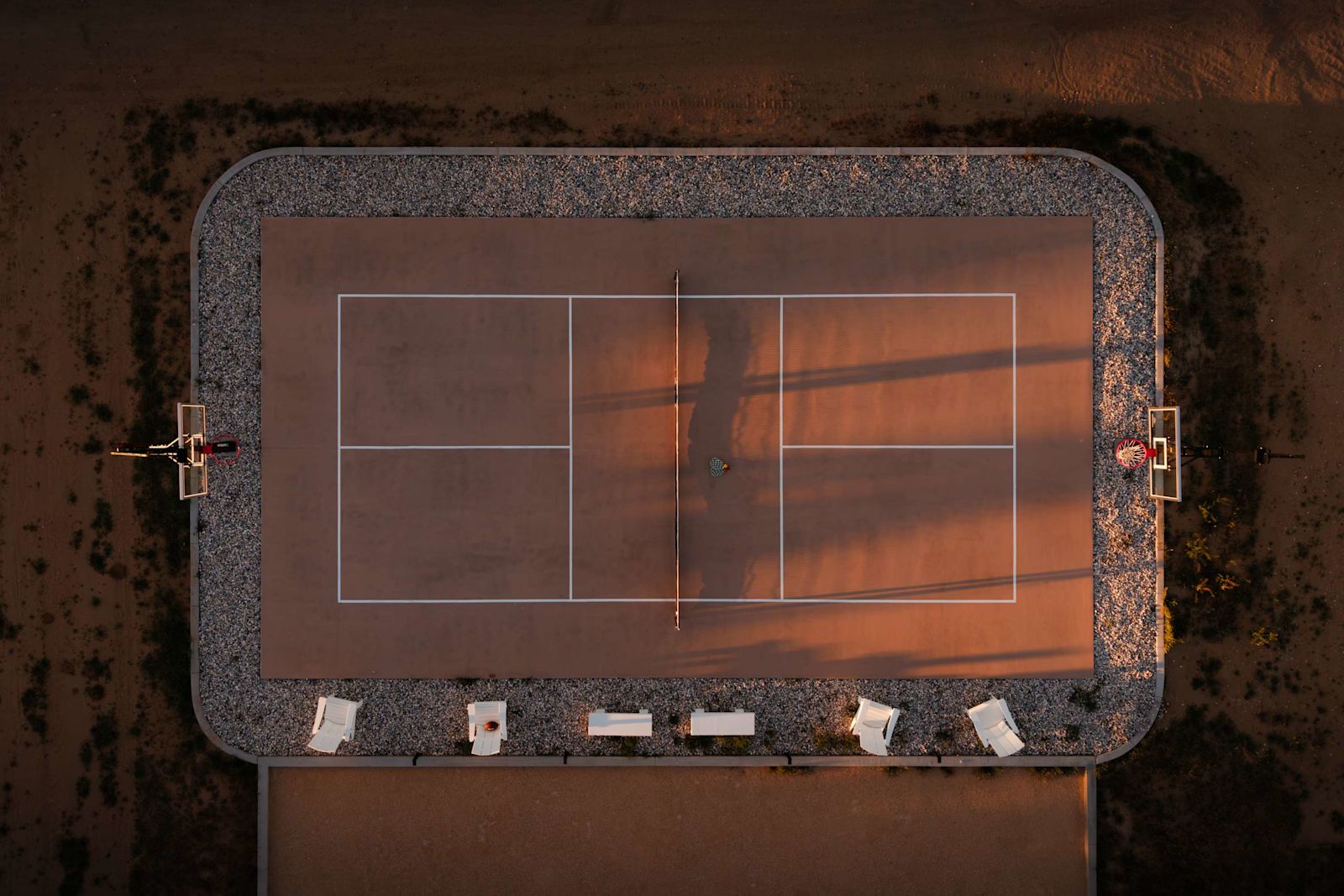 Aerial view of the private sport court at golden hour